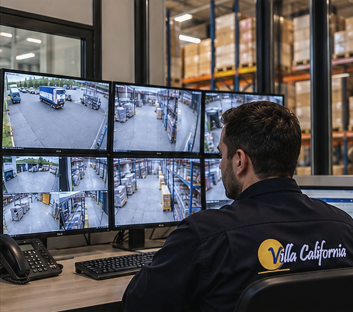 Beveiliger houdt de camerabeelden van het magazijn in de gaten