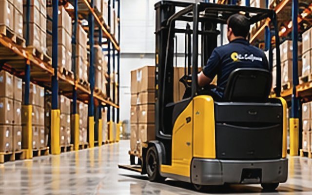 Medewerker op een heftruck in het beveiligde magazijn